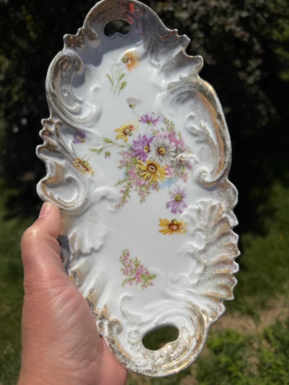 RS Prussia Porcelain Double Handle Ornate Floral Tray with Gold Trim - Picture 8 of 12